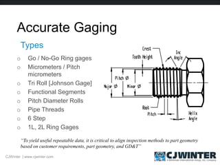 Accurate Gaging
o Go / No-Go Ring gages
o Micrometers / Pitch
micrometers
o Tri Roll [Johnson Gage]
o Functional Segments
o Pitch Diameter Rolls
o Pipe Threads
o 6 Step
o 1L, 2L Ring Gages
Types
“To yield useful repeatable data, it is critical to align inspection methods to part geometry
based on customer requirements, part geometry, and GD&T”
CJWinter | www.cjwinter.com
 