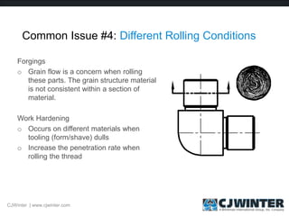 Common Issue #4: Different Rolling Conditions
Forgings
o Grain flow is a concern when rolling
these parts. The grain structure material
is not consistent within a section of
material.
Work Hardening
o Occurs on different materials when
tooling (form/shave) dulls
o Increase the penetration rate when
rolling the thread
CJWinter | www.cjwinter.com
 