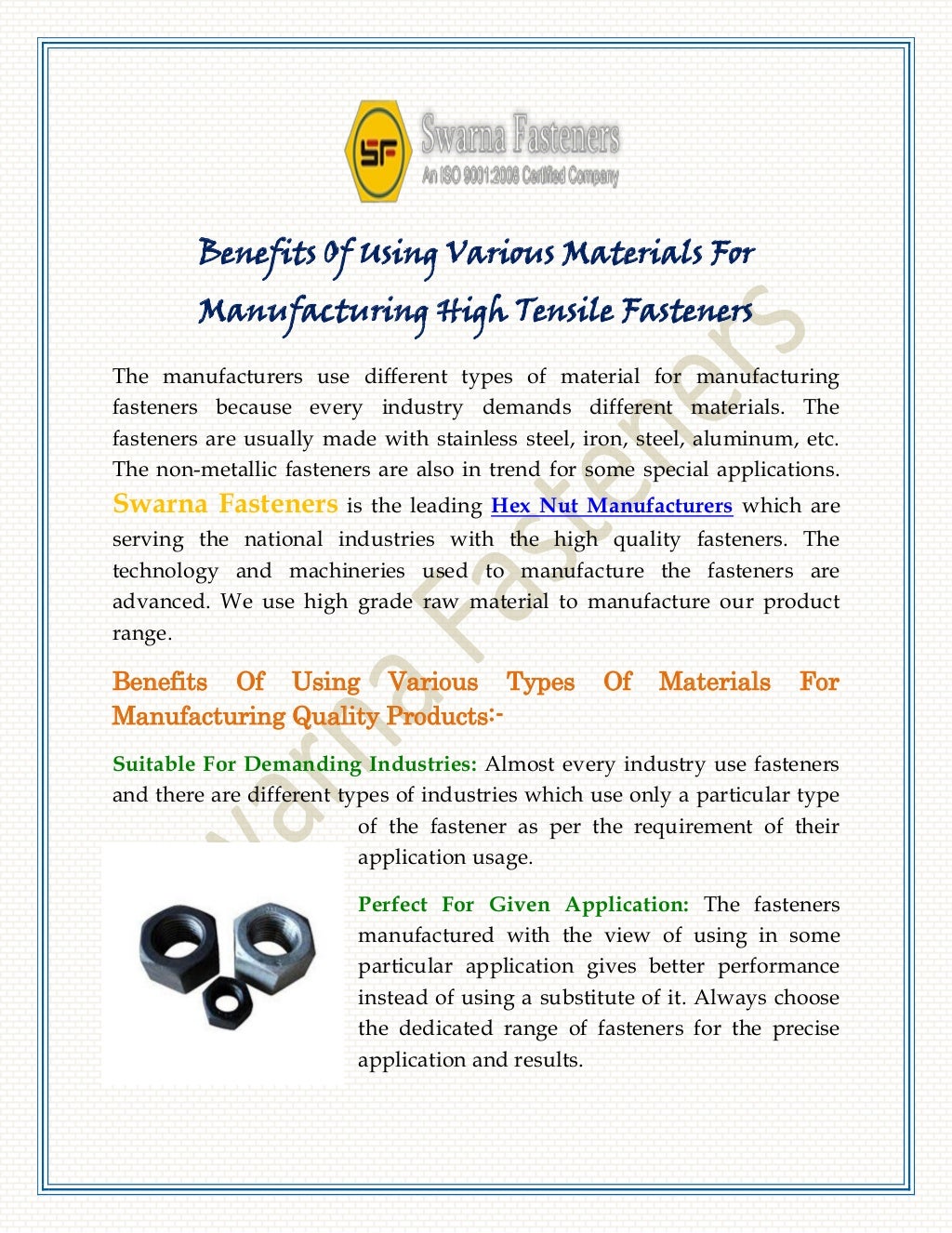 Benefits Of Using Various Materials For Manufacturing High Tensile