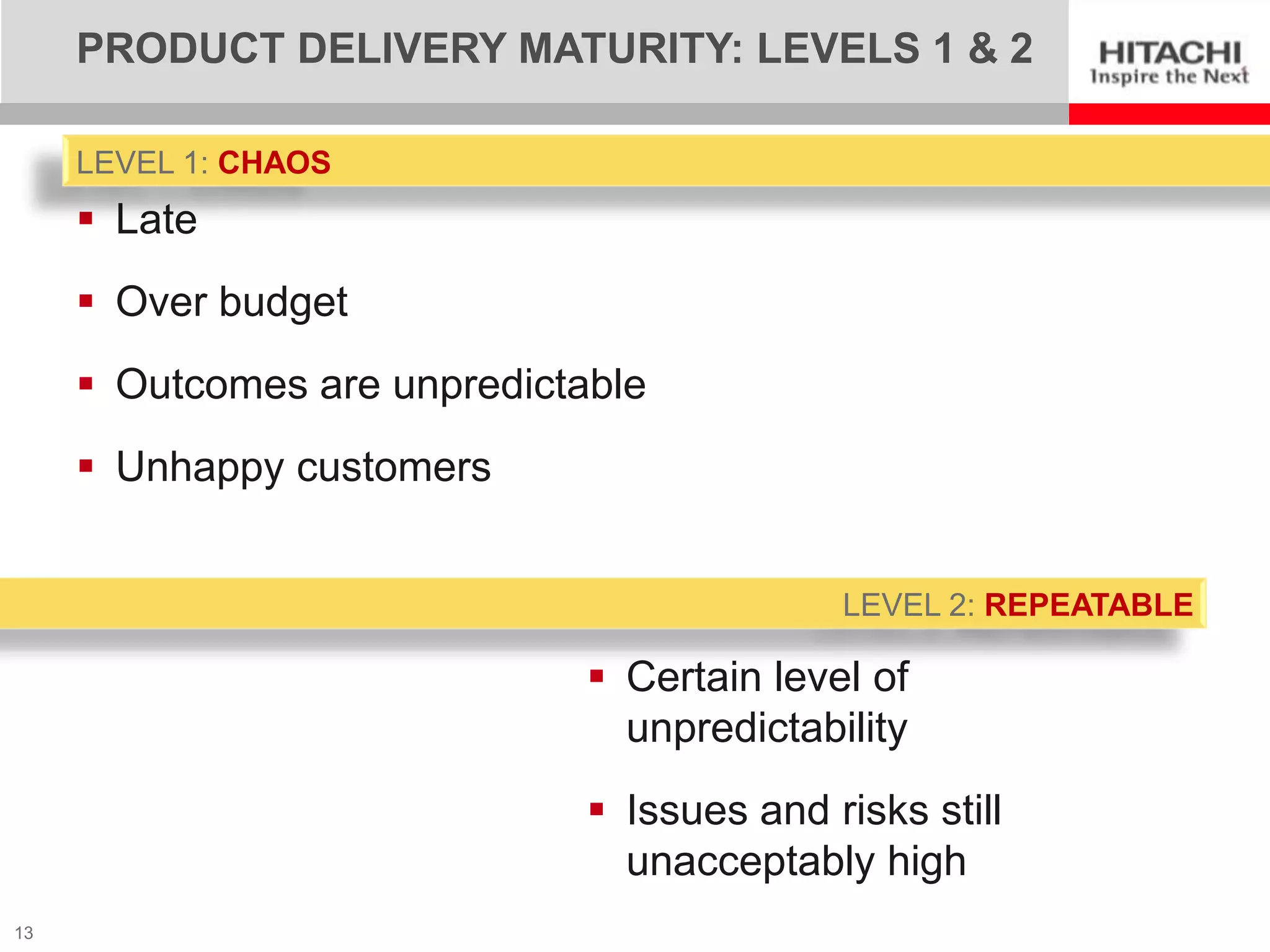 PRODUCT DELIVERY MATURITY: LEVELS 1 & 2

     LEVEL 1: CHAOS
      Late
      Over budget
      Outcomes are unpredictable
      Unhappy customers


                                            LEVEL 2: REPEATABLE

                               Certain level of
                                unpredictability
                               Issues and risks still
                                unacceptably high
13
 
