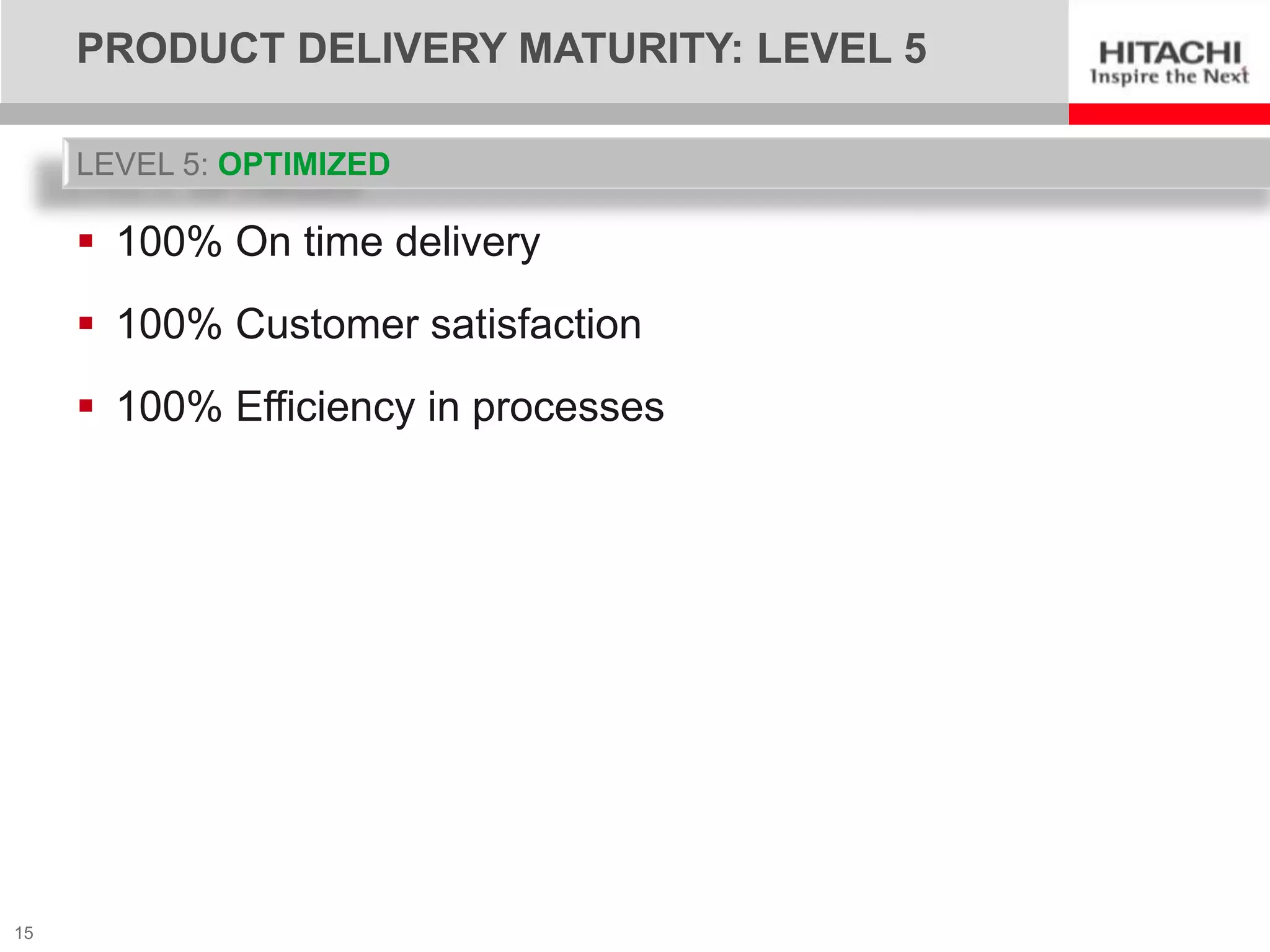 PRODUCT DELIVERY MATURITY: LEVEL 5

     LEVEL 5: OPTIMIZED

      100% On time delivery
      100% Customer satisfaction
      100% Efficiency in processes




15
 