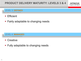 PRODUCT DELIVERY MATURITY: LEVELS 3 & 4

     LEVEL 3: DEFINED

      Efficient
      Fairly adaptable to changing needs



     LEVEL 4: MANAGED

      Creative
      Fully adaptable to changing needs




14
 