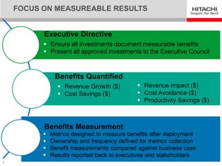 FOCUS ON MEASUREABLE RESULTS


          Executive Directive
           Ensure all investments document measurable benefits
           Present all approved investments to the Executive Council



               Benefits Quantified
                 Revenue Growth ($)           Revenue Impact ($)
                 Cost Savings ($)             Cost Avoidance ($)
                                               Productivity Savings ($)



          Benefits Measurement
             Metrics designed to measure benefits after deployment
             Ownership and frequency defined for metrics collection
             Benefit measurements compared against business case
             Results reported back to executives and stakeholders
7
 