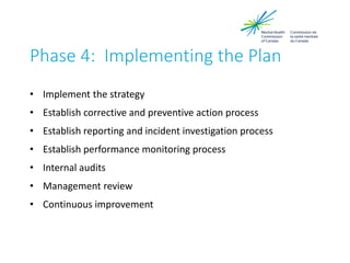 Phase 4: Implementing the Plan
• Implement the strategy
• Establish corrective and preventive action process
• Establish reporting and incident investigation process
• Establish performance monitoring process
• Internal audits
• Management review
• Continuous improvement
 