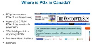 • BC pharmacies –
PGx of warfarin dosing
• AssureX & CAMH
PGx of depression &
psychiatry
• TGH & Mayo clinic –
clopidogrel PGx
• Montreal Heart Institute
• SickKids
Where is PGx in Canada?
 