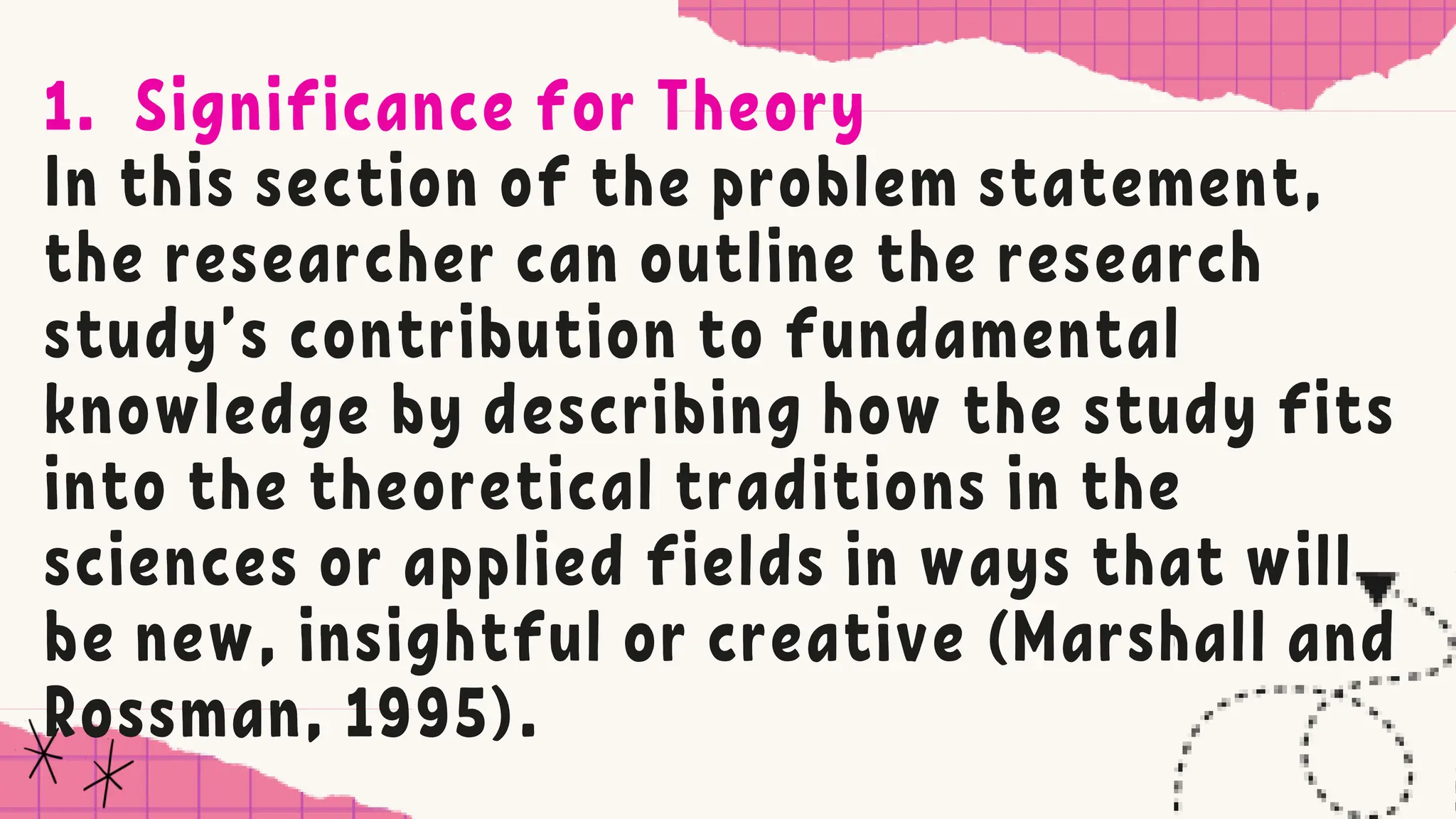 1. Significance for Theory
In this section of the problem statement,
the researcher can outline the research
study’s contribution to fundamental
knowledge by describing how the study fits
into the theoretical traditions in the
sciences or applied fields in ways that will
be new, insightful or creative (Marshall and
Rossman, 1995).