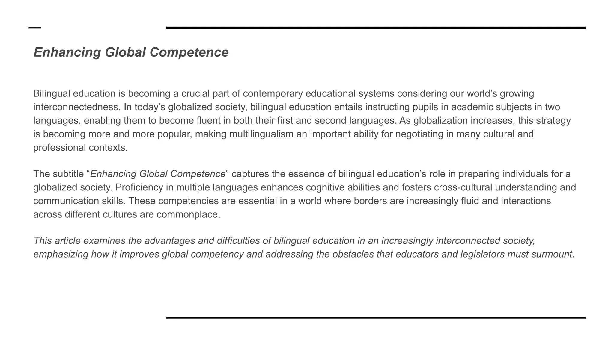 Benefits and Challenges of Bilingual Education in a Globalized World | PDF