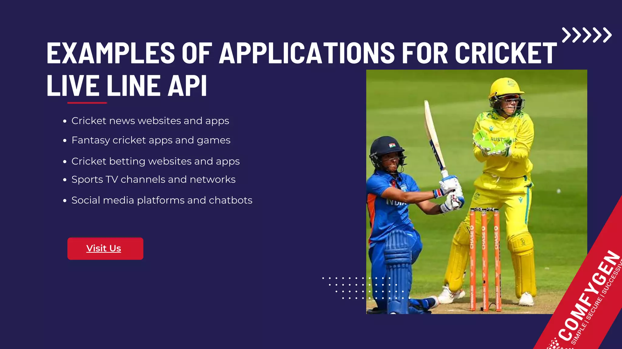EXAMPLES OF APPLICATIONS FOR CRICKET
LIVE LINE API
Cricket news websites and apps
Visit Us
Fantasy cricket apps and games
Cricket betting websites and apps
Sports TV channels and networks
Social media platforms and chatbots
 