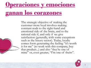 Operaciones y emociones
ganan los corazones
The strategic objective of making the
customer more loyal involves making
constant nods to the right-hand and
emotional side of the brain, and to the
rational side if, and only if we give
satisfaction (generally, with some exceptions
such as the luxury sector). Today, loyalty
comes form generating the feeling “it’s worth
it for me” (to work with this company, buy
that product...) and also “they’re one of
mine” or, even greater, “I’m one of theirs”.
5
 