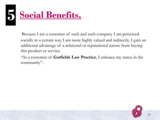 Social Benefits.
Because I am a customer of such and such company I am perceived
socially in a certain way, I am more high...