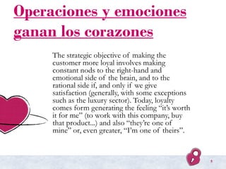 Operaciones y emociones
ganan los corazones
The strategic objective of making the
customer more loyal involves making
cons...