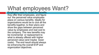 What employees Want?
Employers need to revisit the benefits
they offer their employees, and figure
out the perceived value employees
place on various benefits. Ideally for
organizations would be to club all the
benefits together, to their plans and
show the gaps between perceived
value by employees and real cost to
the company. The new benefits may
be incremental or replacement to
what is already offered with higher
perceived value (and maybe lower
costs). The end result should always
be enhancing the overall EVP and
organization objectives.
 