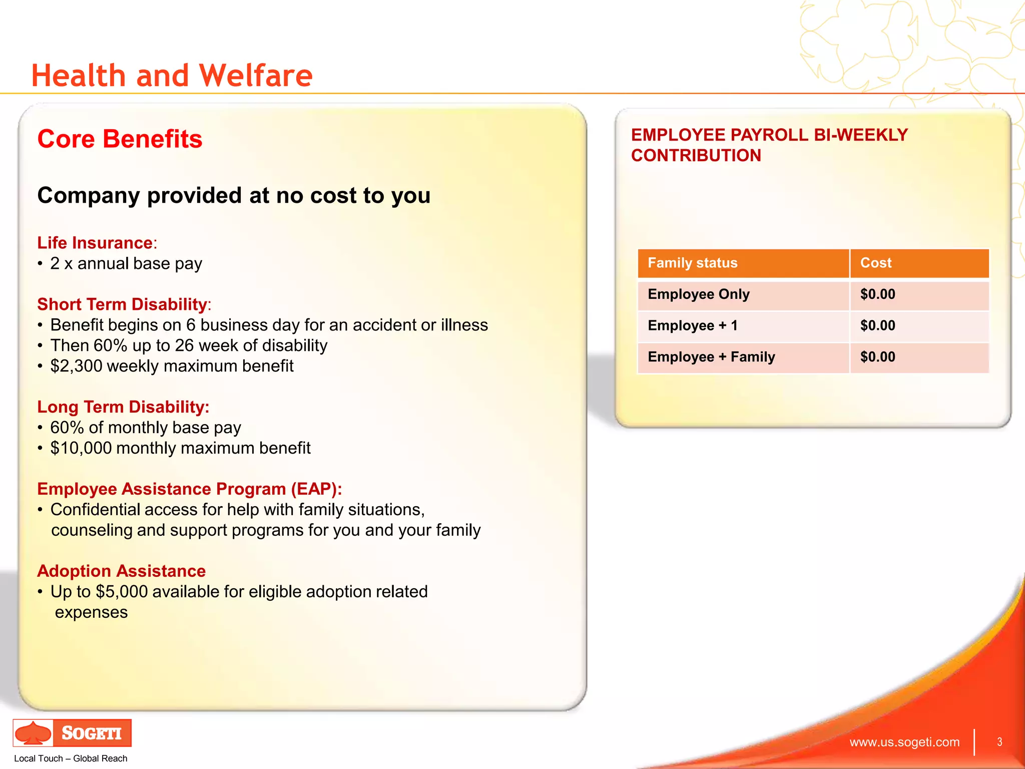 Health and Welfare
     Core Benefits                                                   EMPLOYEE PAYROLL BI-WEEKLY
                                                                     CONTRIBUTION

     Company provided at no cost to you

     Life Insurance:
     • 2 x annual base pay                                            Family status        Cost

                                                                      Employee Only        $0.00
     Short Term Disability:
     • Benefit begins on 6 business day for an accident or illness    Employee + 1         $0.00
     • Then 60% up to 26 week of disability
                                                                      Employee + Family    $0.00
     • $2,300 weekly maximum benefit

     Long Term Disability:
     • 60% of monthly base pay
     • $10,000 monthly maximum benefit

     Employee Assistance Program (EAP):
     • Confidential access for help with family situations,
       counseling and support programs for you and your family

     Adoption Assistance
     • Up to $5,000 available for eligible adoption related
       expenses




                                                                                          www.us.sogeti.com   3
Local Touch – Global Reach
 