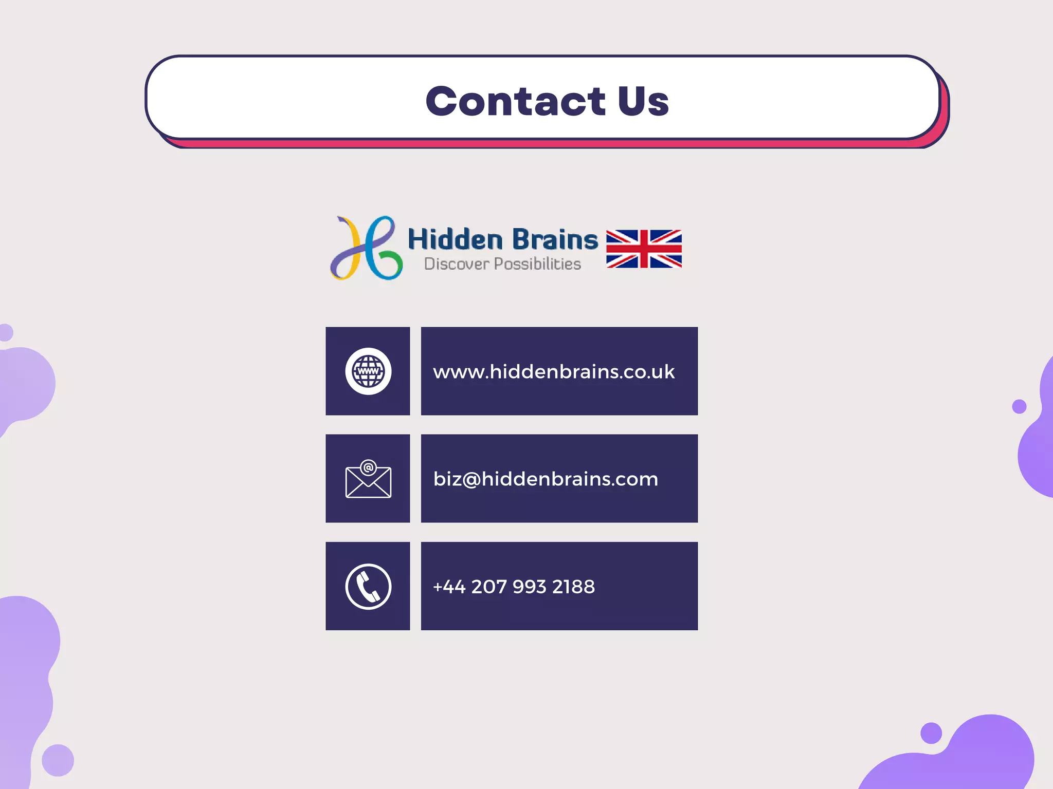 Contact Us
www.hiddenbrains.co.uk
biz@hiddenbrains.com
+44 207 993 2188
 