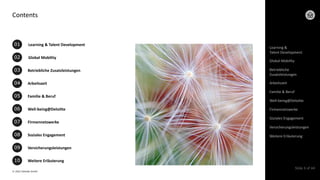© 2022 Deloitte GmbH
Slide 3 of 44
Contents
04
Learning & Talent Development
01
02
Betriebliche Zusatzleistungen
03
Global Mobility
05
06
08
07
09
Familie & Beruf
Well-being@Deloitte
Firmennetzwerke
Soziales Engagement
Versicherungsleistungen
10 Weitere Erläuterung
Arbeitszeit Arbeitszeit
Learning &
Talent Development
Global Mobility
Betriebliche
Zusatzleistungen
Familie & Beruf
Well-being@Deloitte
Firmennetzwerke
Soziales Engagement
Versicherungsleistungen
Weitere Erläuterung
 