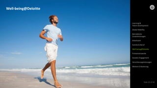 © 2022 Deloitte GmbH
Slide 32 of 44
Well-being@Deloitte
Arbeitszeit
Learning &
Talent Development
Global Mobility
Betriebliche
Zusatzleistungen
Familie & Beruf
Well-being@Deloitte
Firmennetzwerke
Soziales Engagement
Versicherungsleistungen
Weitere Erläuterung
 