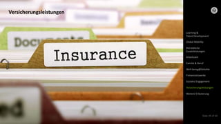 © 2022 Deloitte GmbH
Slide 39 of 44
Versicherungsleistungen
Arbeitszeit
Learning &
Talent Development
Global Mobility
Betriebliche
Zusatzleistungen
Familie & Beruf
Well-being@Deloitte
Firmennetzwerke
Soziales Engagement
Versicherungsleistungen
Weitere Erläuterung
 