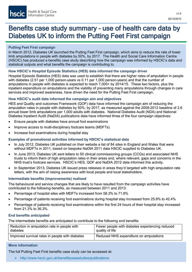 Benefits case study summary Diabetes Uk Putting Feet First Campaign PDF
