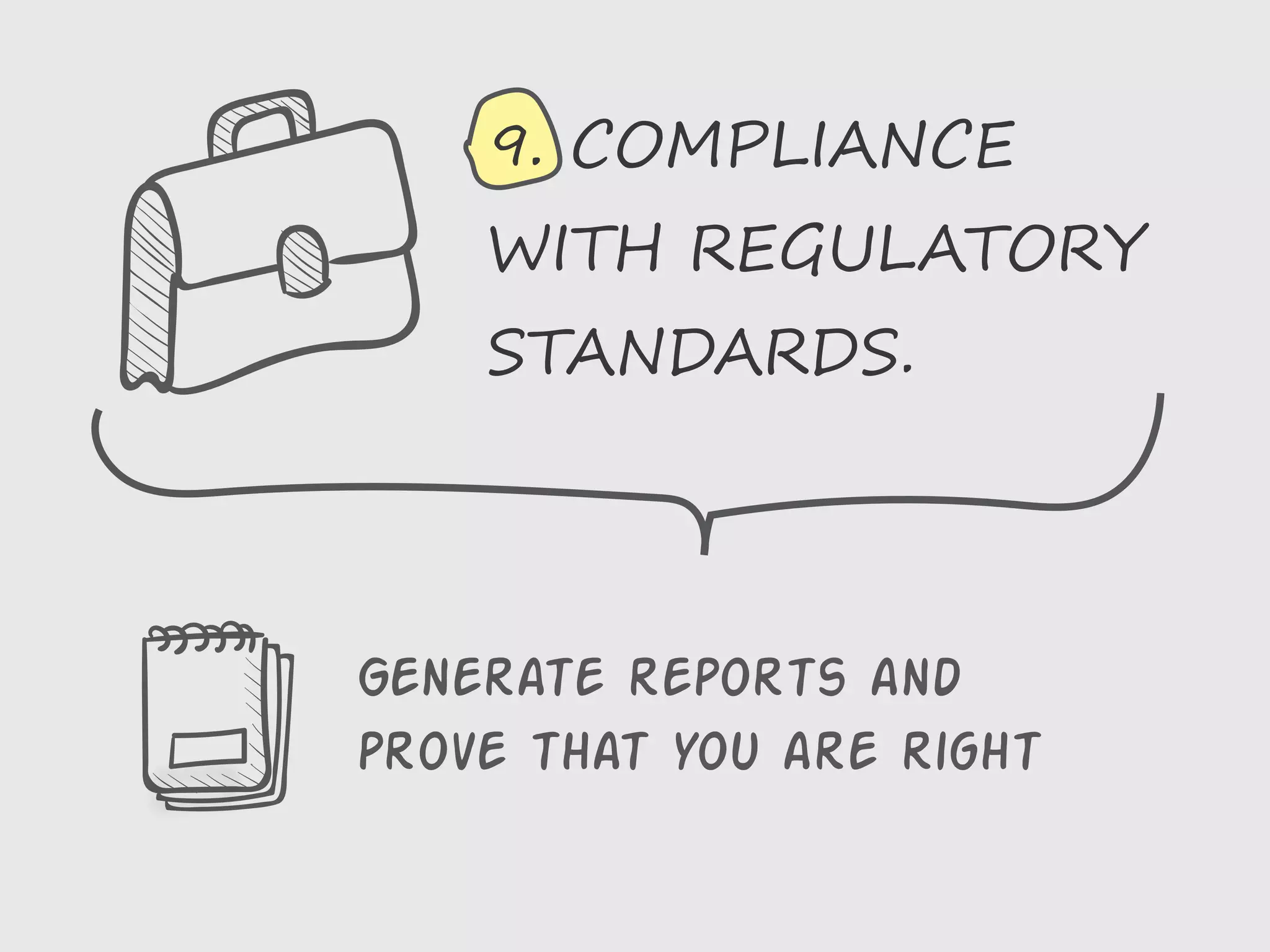 Generate reports and
prove that you are right
9. COMPLIANCE
WITH REGULATORY
STANDARDS.