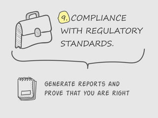 Generate reports and
prove that you are right
9. COMPLIANCE
WITH REGULATORY
STANDARDS.
 