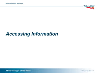 / 
Accessing Information 
9th September 2014 
Benefits Management, Network Rail 
21 
 