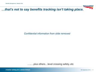/ 
…that’s not to say benefits tracking isn’t taking place. 
…..…plus others…level crossing safety..etc 
9th September 2014 
Benefits Management, Network Rail 
5 
Confidential information from slide removed 
 