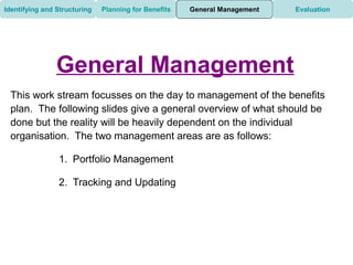 Identifying and Structuring   Planning for Benefits   General Management   Evaluation




                General Management
 This work stream focusses on the day to management of the benefits
 plan. The following slides give a general overview of what should be
 done but the reality will be heavily dependent on the individual
 organisation. The two management areas are as follows:

                1. Portfolio Management

                2. Tracking and Updating
 