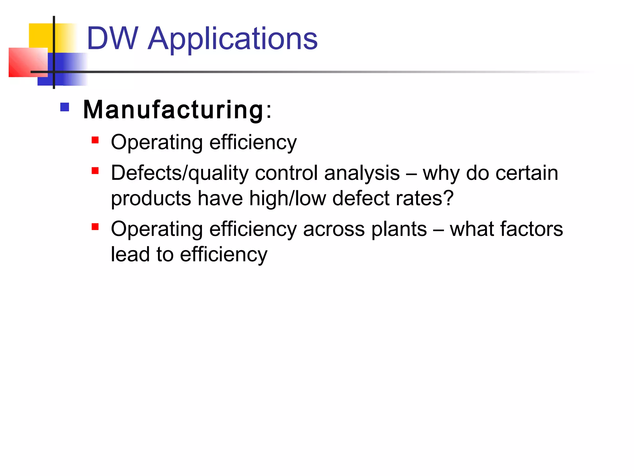 DW Applications
 Manufacturing:
 Operating efficiency
 Defects/quality control analysis – why do certain
products have high/low defect rates?
 Operating efficiency across plants – what factors
lead to efficiency
 
