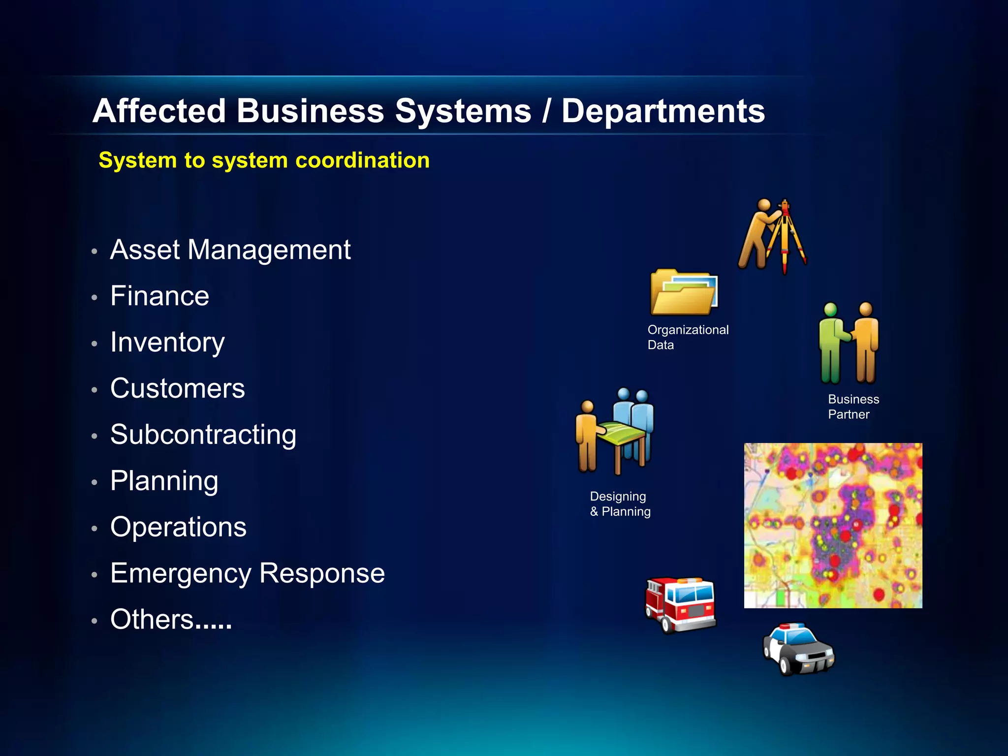 Affected Business Systems / Departments
    System to system coordination



•    Asset Management
•    Finance
                                             Organizational
•    Inventory                               Data


•    Customers                                                Business
                                                              Partner

•    Subcontracting
•    Planning                       Designing
                                    & Planning
•    Operations
•    Emergency Response
•    Others.....
 