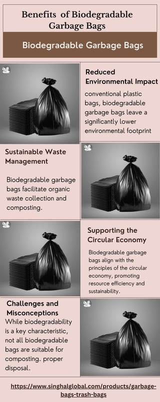 Benefits of Biodegradable
Garbage Bags
Sustainable Waste
Management
Biodegradable garbage
bags facilitate organic
waste collection and
composting.
Reduced
Environmental Impact
conventional plastic
bags, biodegradable
garbage bags leave a
significantly lower
environmental footprint
While biodegradability
is a key characteristic,
not all biodegradable
bags are suitable for
composting. proper
disposal.
Biodegradable Garbage Bags
Supporting the
Circular Economy
Biodegradable garbage
bags align with the
principles of the circular
economy, promoting
resource efficiency and
sustainability.
Challenges and
Misconceptions
https://www.singhalglobal.com/products/garbage-
bags-trash-bags
 