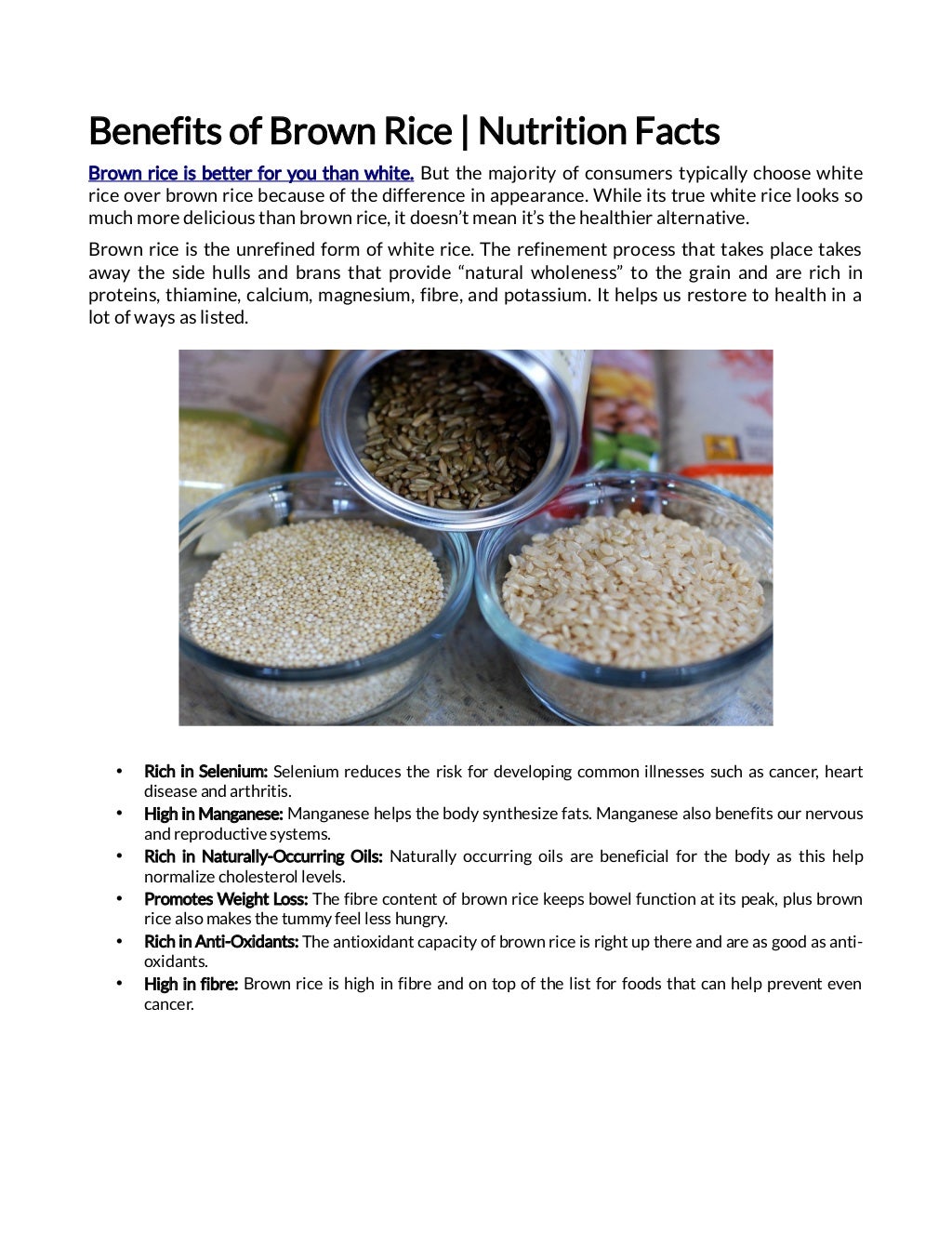 Benefits of brown rice nutrition facts