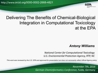 Delivering The Benefits of Chemical-Biological
Integration in Computational Toxicology
at the EPA
Antony Williams
National Center for Computational Toxicology
U.S. Environmental Protection Agency, RTP, NC
November 7th, 2016
German Cheminformatics Conference, Fulda, Germany
This work was reviewed by the U.S. EPA and approved for presentation but does not necessarily reflect official Agency policy.
http://www.orcid.org/0000-0002-2668-4821
 