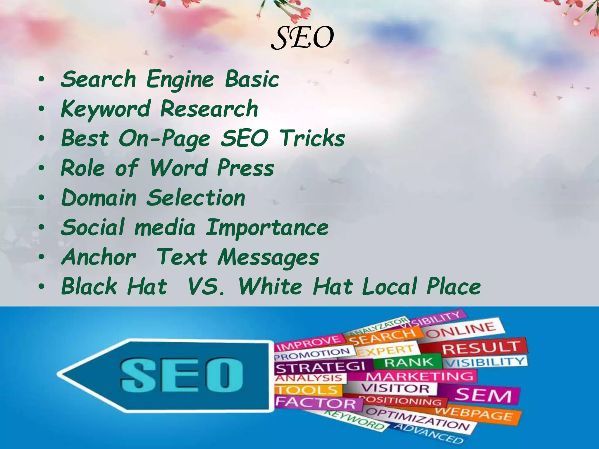 SEO
• Search Engine Basic
• Keyword Research
• Best On-Page SEO Tricks
• Role of Word Press
• Domain Selection
• Social media Importance
• Anchor Text Messages
• Black Hat VS. White Hat Local Place
 