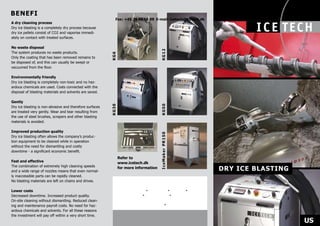 BENEFI
                                                             Fax: +45 76 56 15 09 E-mail: icetech@icetech.dk
A dry cleaning process
Dry ice blasting is a completely dry process because
dry ice pellets consist of CO2 and vaporise immedi-
ately on contact with treated surfaces.

No waste disposal




                                                                                        KG12
The system produces no waste products.




                                                          KG6
Only the coating that has been removed remains to
be disposed of, and this can usually be swept or
vacuumed from the floor.

Environmentally friendly
Dry ice blasting is completely non-toxic and no haz-
ardous chemicals are used. Costs connected with the
disposal of blasting materials and solvents are saved.

Gently




                                                                                        KG50
                                                          KG30
Dry ice blasting is non-abrasive and therefore surfaces
are treated very gently. Wear and tear resulting from
the use of steel brushes, scrapers and other blasting
materials is avoided.

Improved production quality




                                                                                        IceMaker PR150
Dry ice blasting often allows the company’s produc-
tion equipment to be cleaned while in operation
without the need for dismantling and costly
downtime - a significant economic benefit.
                                                                 Refer to
Fast and effective                                               www.icetech.dk
The combination of extremely high cleaning speeds
and a wide range of nozzles means that even normal-
                                                                 for more information                          DRY ICE BLASTING
ly inaccessible parts can be rapidly cleaned.
No blasting materials are left on chains and drives.

Lower costs
Decreased downtime. Increased product quality.
On-site cleaning without dismantling. Reduced clean-
ing and maintenance payroll costs. No need for haz-
ardous chemicals and solvents. For all these reasons
the investment will pay off within a very short time.
                                                                                                                                  US
 