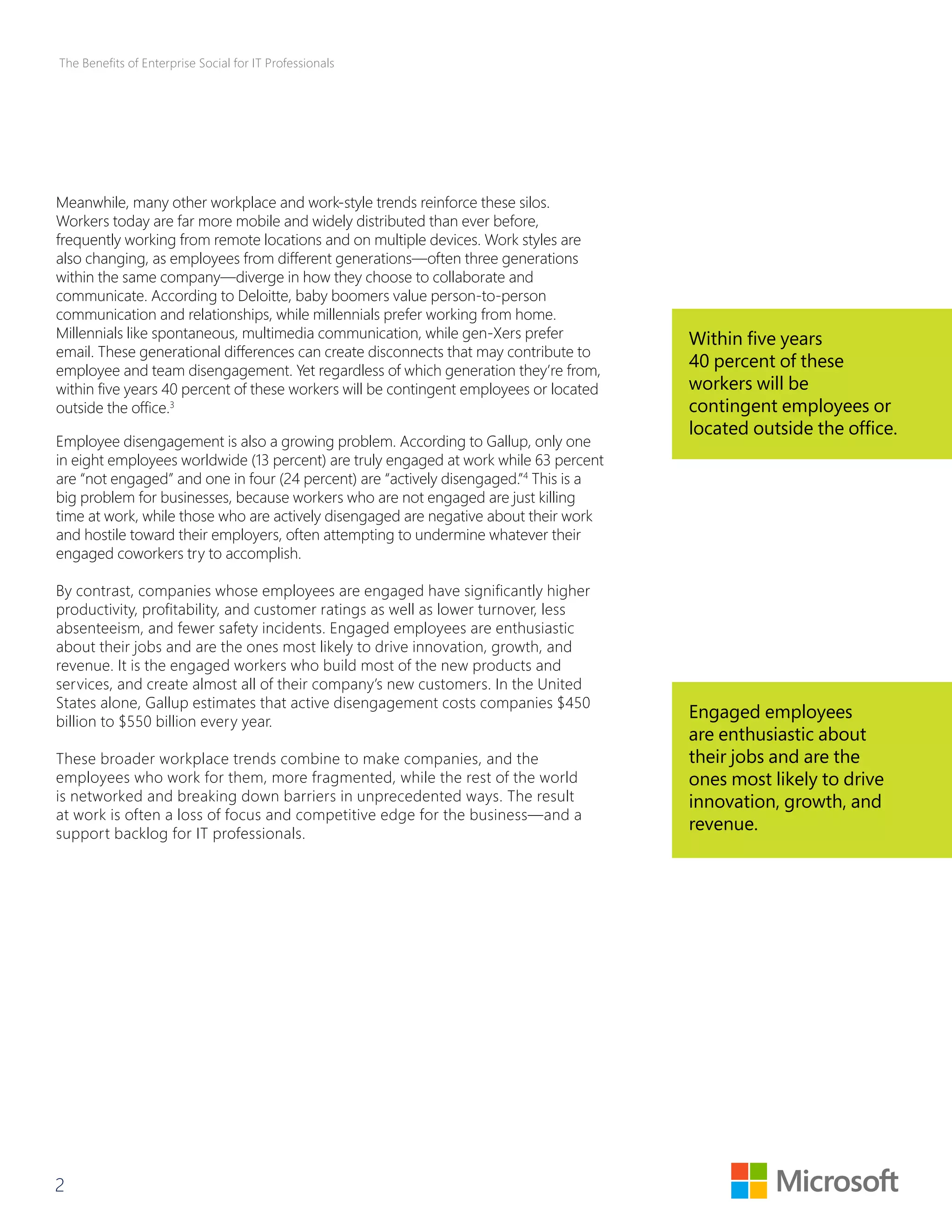 The Benefits of Enterprise Social for IT Professionals 
Meanwhile, many other workplace and work-style trends reinforce these silos. 
Workers today are far more mobile and widely distributed than ever before, 
frequently working from remote locations and on multiple devices. Work styles are 
also changing, as employees from different generations—often three generations 
within the same company—diverge in how they choose to collaborate and 
communicate. According to Deloitte, baby boomers value person-to-person 
communication and relationships, while millennials prefer working from home. 
Millennials like spontaneous, multimedia communication, while gen-Xers prefer 
email. These generational differences can create disconnects that may contribute to 
employee and team disengagement. Yet regardless of which generation they’re from, 
within five years 40 percent of these workers will be contingent employees or located 
outside the office.3 
Employee disengagement is also a growing problem. According to Gallup, only one 
in eight employees worldwide (13 percent) are truly engaged at work while 63 percent 
are “not engaged” and one in four (24 percent) are “actively disengaged.”4 This is a 
big problem for businesses, because workers who are not engaged are just killing 
time at work, while those who are actively disengaged are negative about their work 
and hostile toward their employers, often attempting to undermine whatever their 
engaged coworkers try to accomplish. 
By contrast, companies whose employees are engaged have significantly higher 
productivity, profitability, and customer ratings as well as lower tur nover, less 
absenteeism, and fewer safety incidents. Engaged employees ar e enthusiastic 
about their jobs and are the ones most likely to drive innovation, gr owth, and 
revenue. It is the engaged worker s who build most of the new products and 
services, and create almost all of their company’s new customers. In the United 
States alone, Gallup estimates that active disengagement costs companies $450 
billion to $550 billion ever y year. 
These broader workplace trends combine to make companies, and the 
employees who work for them, mor e fragmented, while the r est of the world 
is networked and breaking down barriers in unprecedented ways. The result 
at work is often a loss of focus and competitive edge for the business—and a 
support backlog for IT pr ofessionals. 
2 
Within five years 
40 percent of these 
workers will be 
contingent employees or 
located outside the office. 
Engaged employees 
are enthusiastic about 
their jobs and are the 
ones most likely to drive 
innovation, growth, and 
revenue. 
 