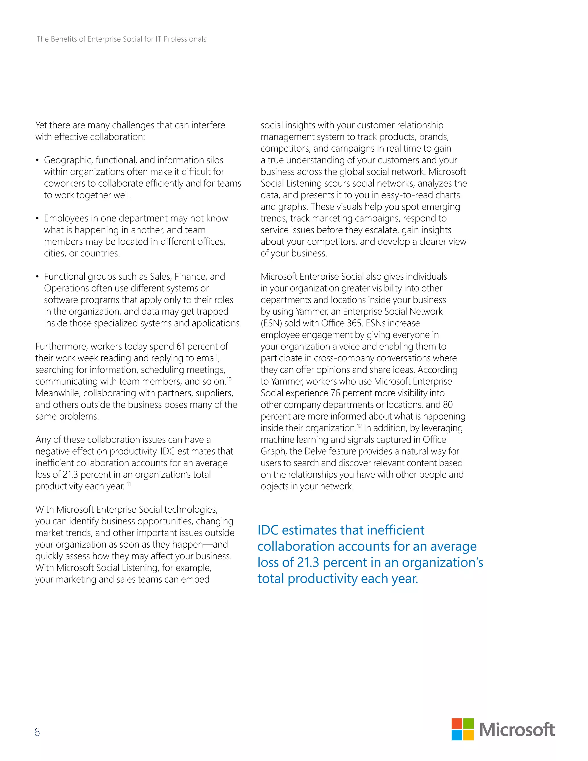The Benefits of Enterprise Social for IT Professionals 
Yet there are many challenges that can interfere 
with effective collaboration: 
• Geographic, functional, and information silos 
within organizations often make it difficult for 
coworkers to collaborate efficiently and for teams 
to work together well. 
• Employees in one department may not know 
what is happening in another, and team 
members may be located in different offices, 
cities, or countries. 
• Functional groups such as Sales, Finance, and 
Operations often use different systems or 
software programs that apply only to their roles 
in the organization, and data may get trapped 
inside those specialized systems and applications. 
Furthermore, workers today spend 61 percent of 
their work week reading and replying to email, 
searching for information, scheduling meetings, 
communicating with team members, and so on.10 
Meanwhile, collaborating with partners, suppliers, 
and others outside the business poses many of the 
same problems. 
Any of these collaboration issues can have a 
negative effect on productivity. IDC estimates that 
inefficient collaboration accounts for an average 
loss of 21.3 percent in an organization’s total 
productivity each year. 11 
With Microsoft Enterprise Social technologies, 
you can identify business opportunities, changing 
market trends, and other important issues outside 
your organization as soon as they happen—and 
quickly assess how they may affect your business. 
With Microsoft Social Listening, for example, 
your marketing and sales teams can embed 
6 
social insights with your customer relationship 
management system to track products, brands, 
competitors, and campaigns in real time to gain 
a true understanding of your customers and your 
business across the global social network. Microsoft 
Social Listening scours social networks, analyzes the 
data, and presents it to you in easy-to-read charts 
and graphs. These visuals help you spot emerging 
trends, track marketing campaigns, respond to 
service issues before they escalate, gain insights 
about your competitors, and develop a clearer view 
of your business. 
Microsoft Enterprise Social also gives individuals 
in your organization greater visibility into other 
departments and locations inside your business 
by using Yammer, an Enterprise Social Network 
(ESN) sold with Office 365. ESNs increase 
employee engagement by giving everyone in 
your organization a voice and enabling them to 
participate in cross-company conversations where 
they can offer opinions and share ideas. According 
to Yammer, workers who use Microsoft Enterprise 
Social experience 76 percent more visibility into 
other company departments or locations, and 80 
percent are more informed about what is happening 
inside their organization.12 In addition, by leveraging 
machine learning and signals captured in Office 
Graph, the Delve feature provides a natural way for 
users to search and discover relevant content based 
on the relationships you have with other people and 
objects in your network. 
IDC estimates that inefficient 
collaboration accounts for an average 
loss of 21.3 percent in an organization’s 
total productivity each year. 
 