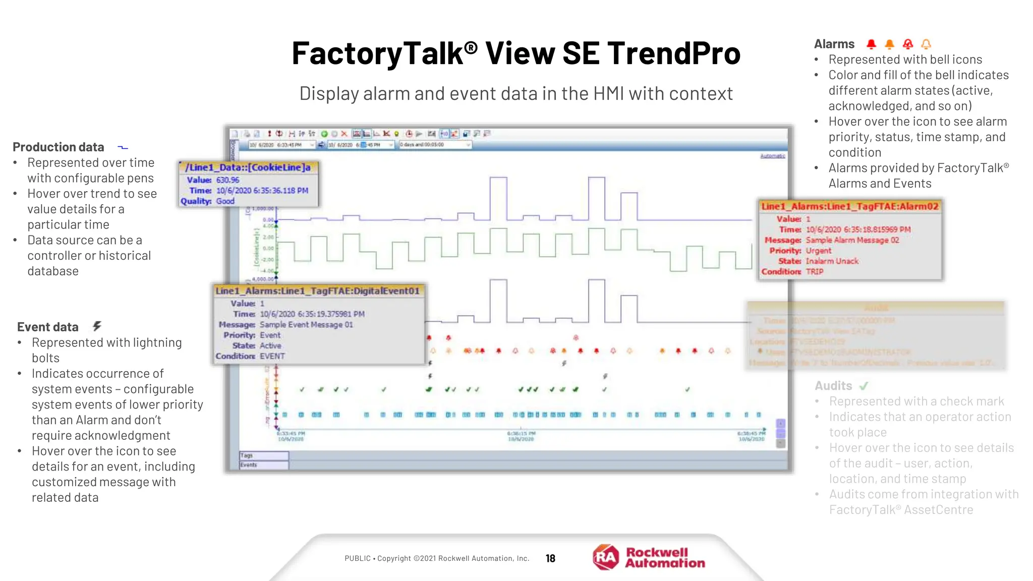 PUBLIC • Copyright ©2021 Rockwell Automation, Inc. 18
FactoryTalk® View SE TrendPro
Display alarm and event data in the HMI with context
Event data
• Represented with lightning
bolts
• Indicates occurrence of
system events – configurable
system events of lower priority
than an Alarm and don’t
require acknowledgment
• Hover over the icon to see
details for an event, including
customized message with
related data
Audits
• Represented with a check mark
• Indicates that an operator action
took place
• Hover over the icon to see details
of the audit – user, action,
location, and time stamp
• Audits come from integration with
FactoryTalk® AssetCentre
Production data
• Represented over time
with configurable pens
• Hover over trend to see
value details for a
particular time
• Data source can be a
controller or historical
database
Alarms
• Represented with bell icons
• Color and fill of the bell indicates
different alarm states (active,
acknowledged, and so on)
• Hover over the icon to see alarm
priority, status, time stamp, and
condition
• Alarms provided by FactoryTalk®
Alarms and Events
 