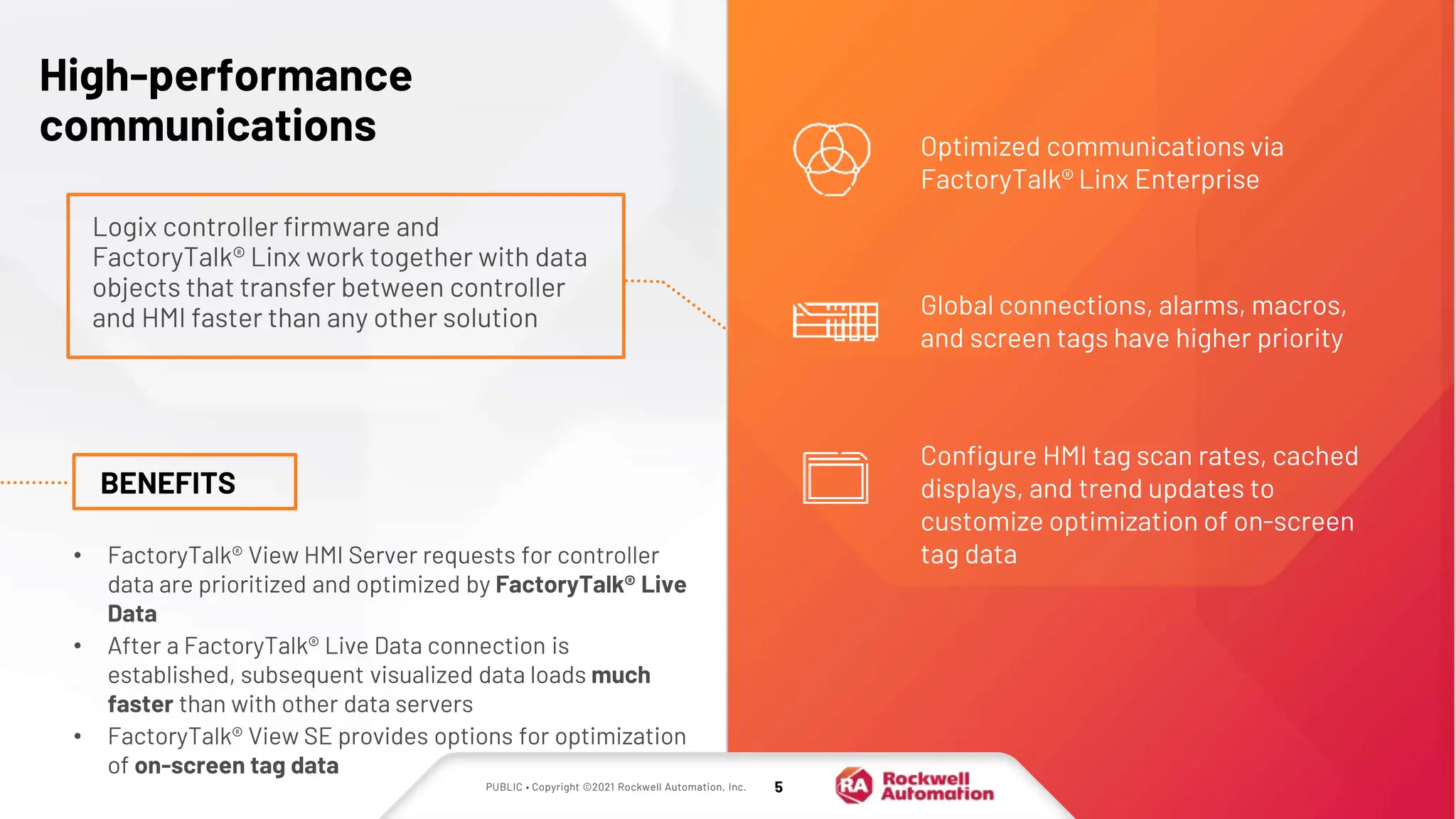 PUBLIC • Copyright ©2021 Rockwell Automation, Inc. 5
Logix controller firmware and
FactoryTalk® Linx work together with data
objects that transfer between controller
and HMI faster than any other solution
High-performance
communications Optimized communications via
FactoryTalk® Linx Enterprise
BENEFITS
• FactoryTalk® View HMI Server requests for controller
data are prioritized and optimized by FactoryTalk® Live
Data
• After a FactoryTalk® Live Data connection is
established, subsequent visualized data loads much
faster than with other data servers
• FactoryTalk® View SE provides options for optimization
of on-screen tag data
Global connections, alarms, macros,
and screen tags have higher priority
Configure HMI tag scan rates, cached
displays, and trend updates to
customize optimization of on-screen
tag data
 