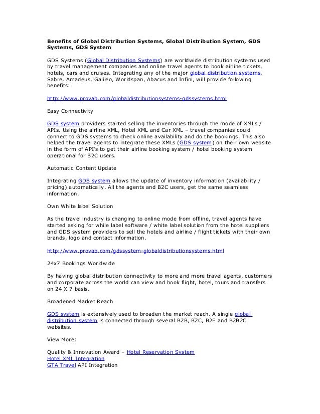 Benefits of Global Distribution Systems, Global Distribution System,