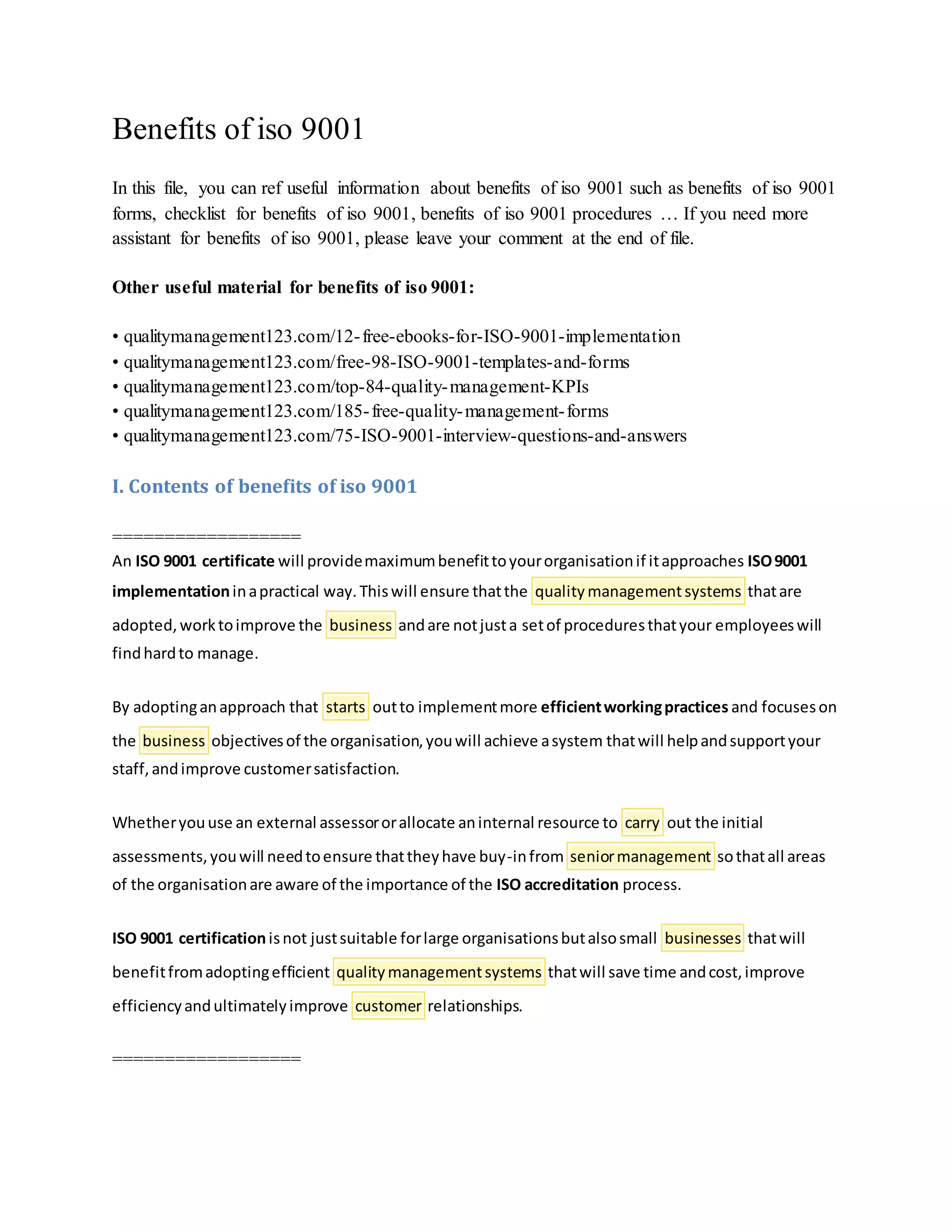 Benefits of iso 9001 | DOCX