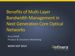 1 | Infinera Confidential & Proprietary
Benefits of Multi-Layer
Bandwidth Management in
Next Generation Core Optical
Networks
Anuj Malik
Product & Solutions Marketing
WDM SGP 2014
 