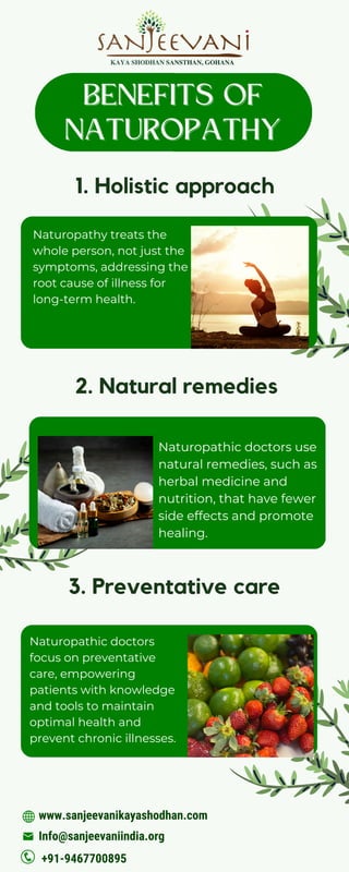 BENEFITS OF
BENEFITS OF
NATUROPATHY
NATUROPATHY
1. Holistic approach
2. Natural remedies
3. Preventative care
Naturopathy treats the
whole person, not just the
symptoms, addressing the
root cause of illness for
long-term health.
Naturopathic doctors use
natural remedies, such as
herbal medicine and
nutrition, that have fewer
side effects and promote
healing.
Naturopathic doctors
focus on preventative
care, empowering
patients with knowledge
and tools to maintain
optimal health and
prevent chronic illnesses.
www.sanjeevanikayashodhan.com
Info@sanjeevaniindia.org
+91-9467700895
 