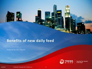 Benefits of new daily feed

           Prepared by Gary Verster




6/6/2012           Confidential | Copyright 2012 TrendMicro Inc.   1
 