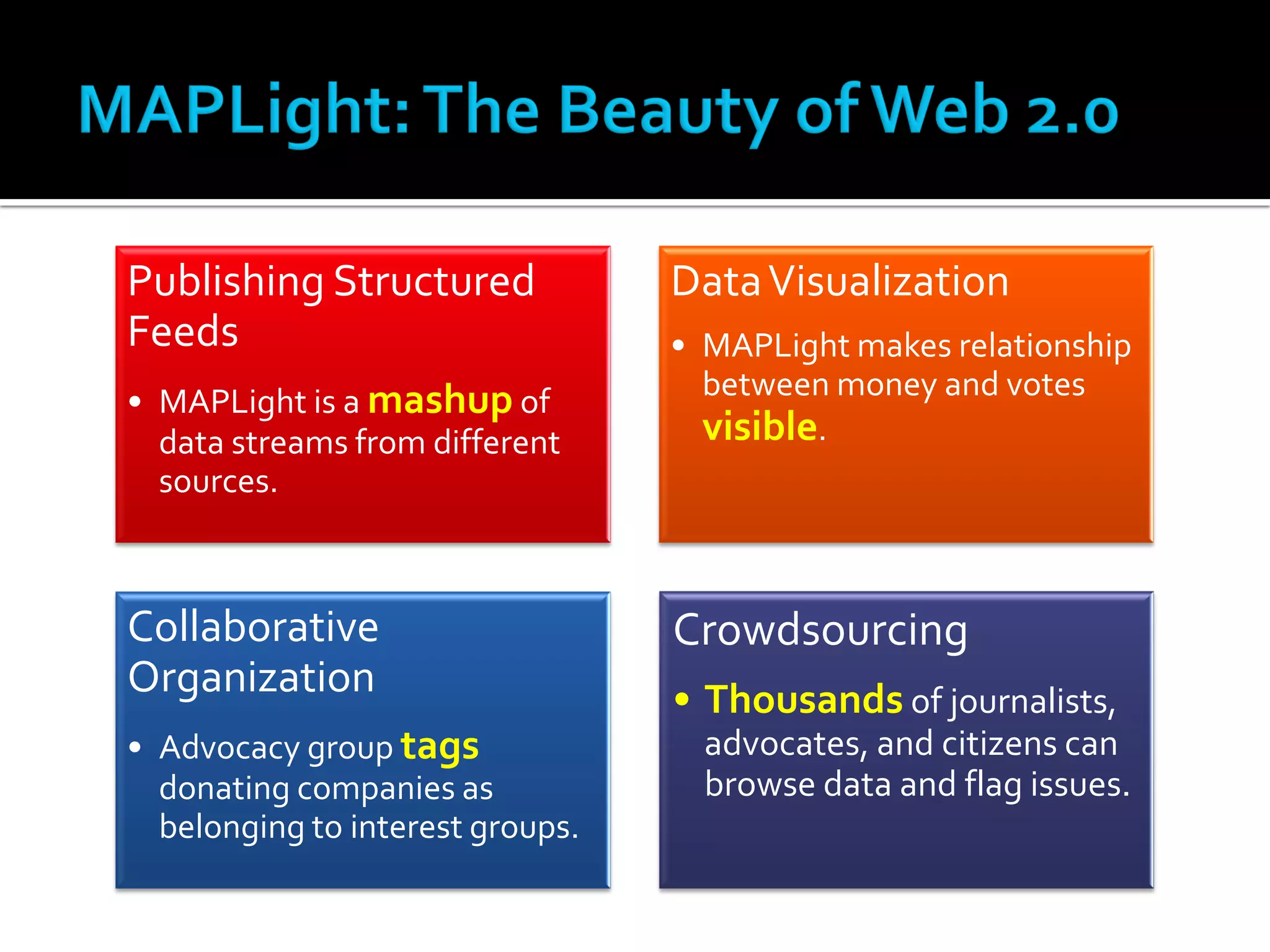 Publishing Structured             Data Visualization
Feeds                             • MAPLight makes relationship
• MAPLight is a mashup of           between money and votes
  data streams from different       visible.
  sources.



Collaborative                     Crowdsourcing
Organization                      • Thousands of journalists,
• Advocacy group tags               advocates, and citizens can
  donating companies as             browse data and flag issues.
  belonging to interest groups.
 