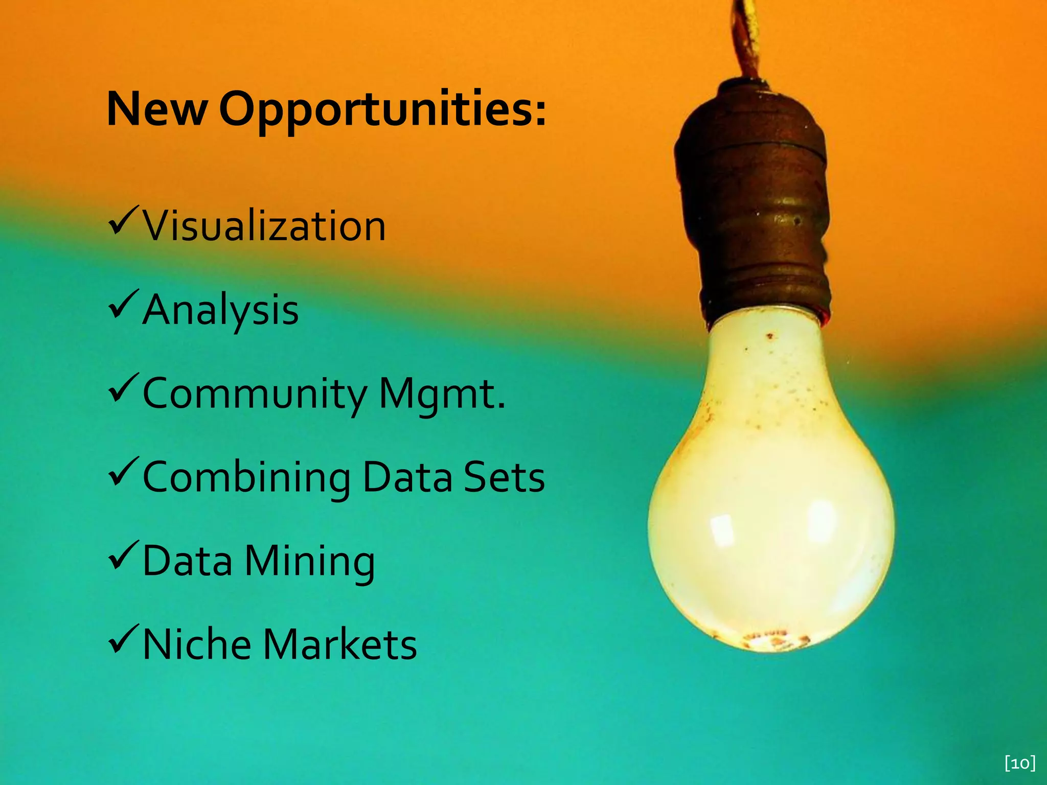 New Opportunities:

Visualization
Analysis
Community Mgmt.
Combining Data Sets
Data Mining
Niche Markets

                       [10]
 