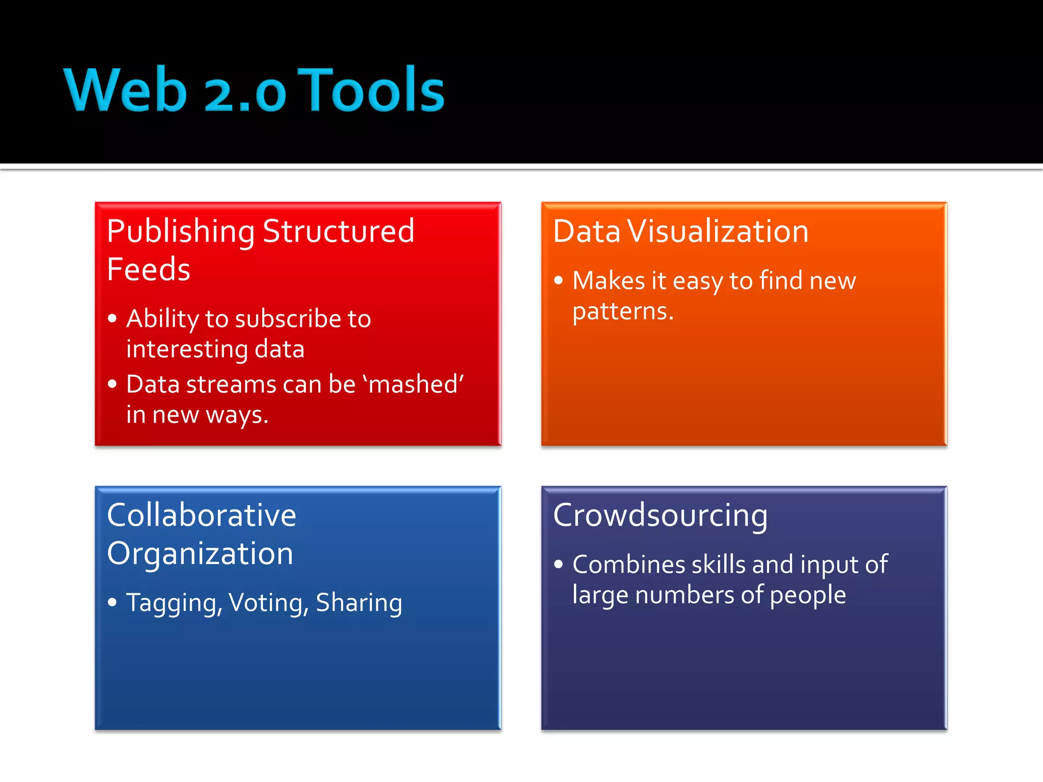 Publishing Structured            Data Visualization
Feeds                            • Makes it easy to find new
• Ability to subscribe to          patterns.
  interesting data
• Data streams can be ‘mashed’
  in new ways.


Collaborative                    Crowdsourcing
Organization                     • Combines skills and input of
• Tagging, Voting, Sharing         large numbers of people
 