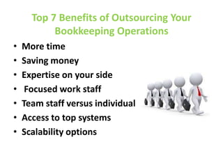 Top 7 Benefits of Outsourcing Your
Bookkeeping Operations
•
•
•
•
•
•
•

More time
Saving money
Expertise on your side
Focused work staff
Team staff versus individual
Access to top systems
Scalability options

 
