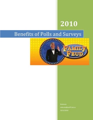 Benefits of Polls and Surveys2010NLakustanlakusta@psd70.ab.ca10/12/201020637502413635<br />Why/how can you use a poll/survey?<br />4743450143510Increase classroom participation and attentiveness<br />Encourage risk-taking with anonymous student responses<br />Elicit diverse opinions when there isn't a correct answer<br />Gauge student comprehension of material immediately<br />Grab students with thought-provoking critical inquiry opening questions<br />Assess last night's reading with a quick quiz<br />Strengthen retention<br />Utilize its capabilities outside the classroom for PD, student-run presentations, talent shows, battle of the bands, staff presentations, student government, or community forums.<br />98107511430<br />  <br />,[object Object]