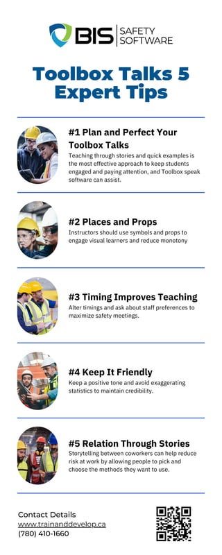 #1 Plan and Perfect Your
Toolbox Talks
Teaching through stories and quick examples is
the most effective approach to keep students
engaged and paying attention, and Toolbox speak
software can assist.
#2 Places and Props
Instructors should use symbols and props to
engage visual learners and reduce monotony
#3 Timing Improves Teaching
Alter timings and ask about staff preferences to
maximize safety meetings.
#4 Keep It Friendly
Keep a positive tone and avoid exaggerating
statistics to maintain credibility.
#5 Relation Through Stories
Storytelling between coworkers can help reduce
risk at work by allowing people to pick and
choose the methods they want to use.
Toolbox Talks 5
Expert Tips
www.trainanddevelop.ca
Contact Details
(780) 410-1660
 