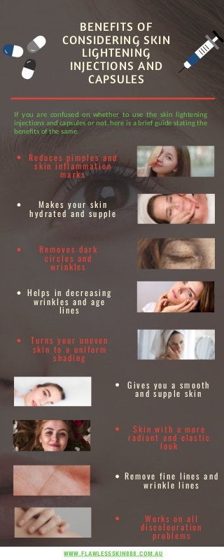 If you are confused on whether to use the skin lightening
injections and capsules or not, here is a brief guide stating the
benefits of the same.
BENEFITS OF
CONSIDERING SKIN
LIGHTENING
INJECTIONS AND
CAPSULES
M a k e s y o u r s k i n
h y d r a t e d a n d s u p p l e
R e m o v e s d a r k
c i r c l e s a n d
w r i n k l e s
H e l p s i n d e c r e a s i n g
w r i n k l e s a n d a g e
l i n e s
T u r n s y o u r u n e v e n
s k i n t o a u n i f o r m
s h a d i n g
R e m o v e f i n e l i n e s a n d
w r i n k l e l i n e s
G i v e s y o u a s m o o t h
a n d s u p p l e s k i n
S k i n w i t h a m o r e
r a d i a n t a n d e l a s t i c
l o o k
W o r k s o n a l l
d i s c o l o u r a t i o n
p r o b l e m s
R e d u c e s p i m p l e s a n d
s k i n i n f l a m m a t i o n
m a r k s
WWW.FLAWLESSSKIN888.COM.AU
 